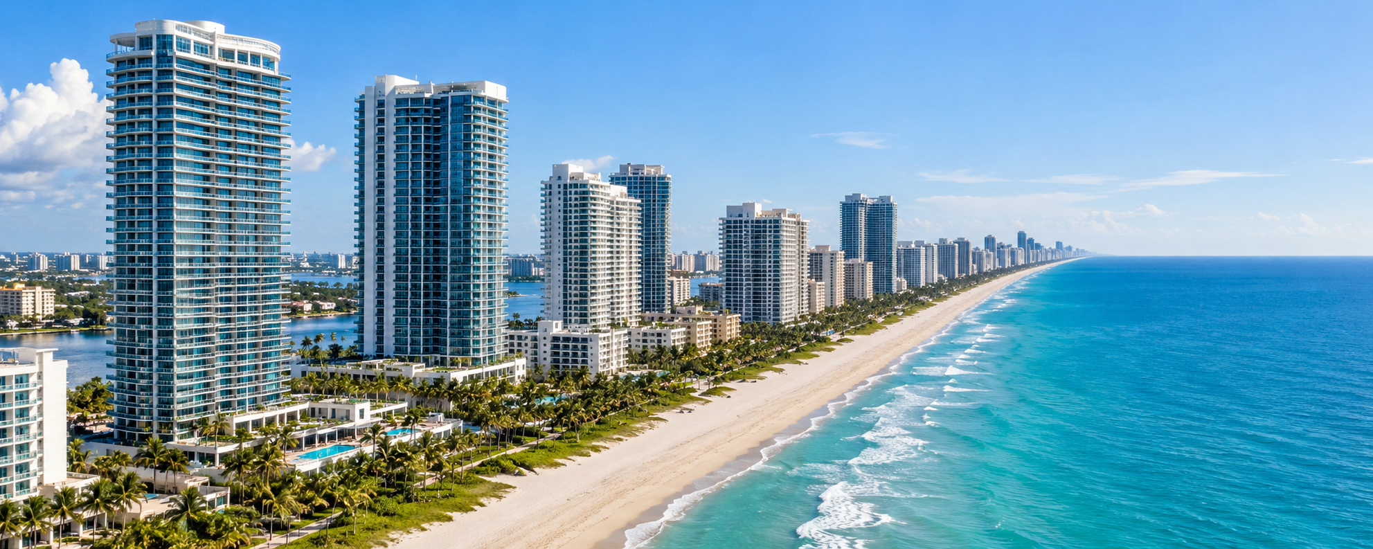 Aerial view of Hallandale Beach, Florida, with oceanfront condominiums and the Atlantic Ocean