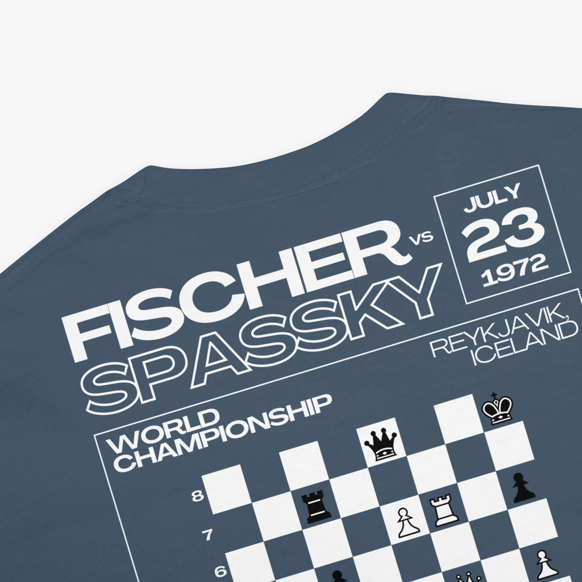 Closeup back detail view of Bobby Fischer vs Boris Spassky Bobby Breaks the Silence t-shirt, dark colorway