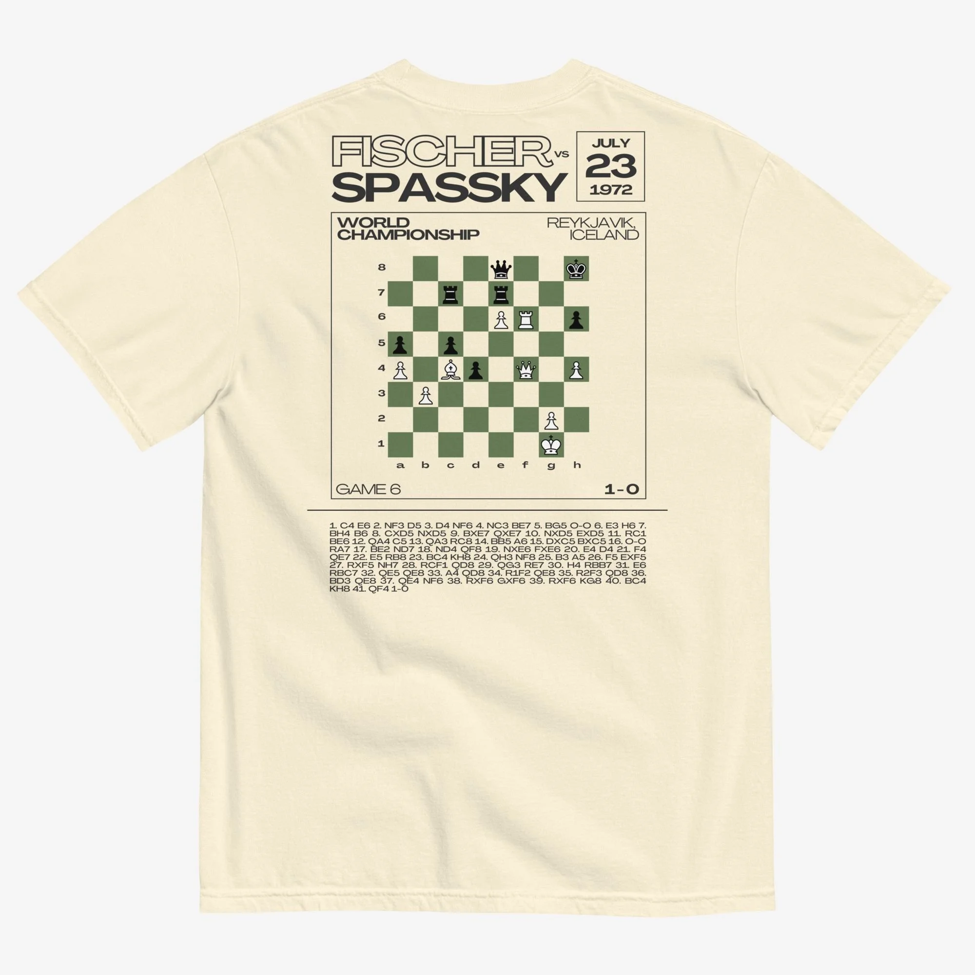 Back view of Bobby Fischer vs Boris Spassky Bobby Breaks the Silence t-shirt, light colorway