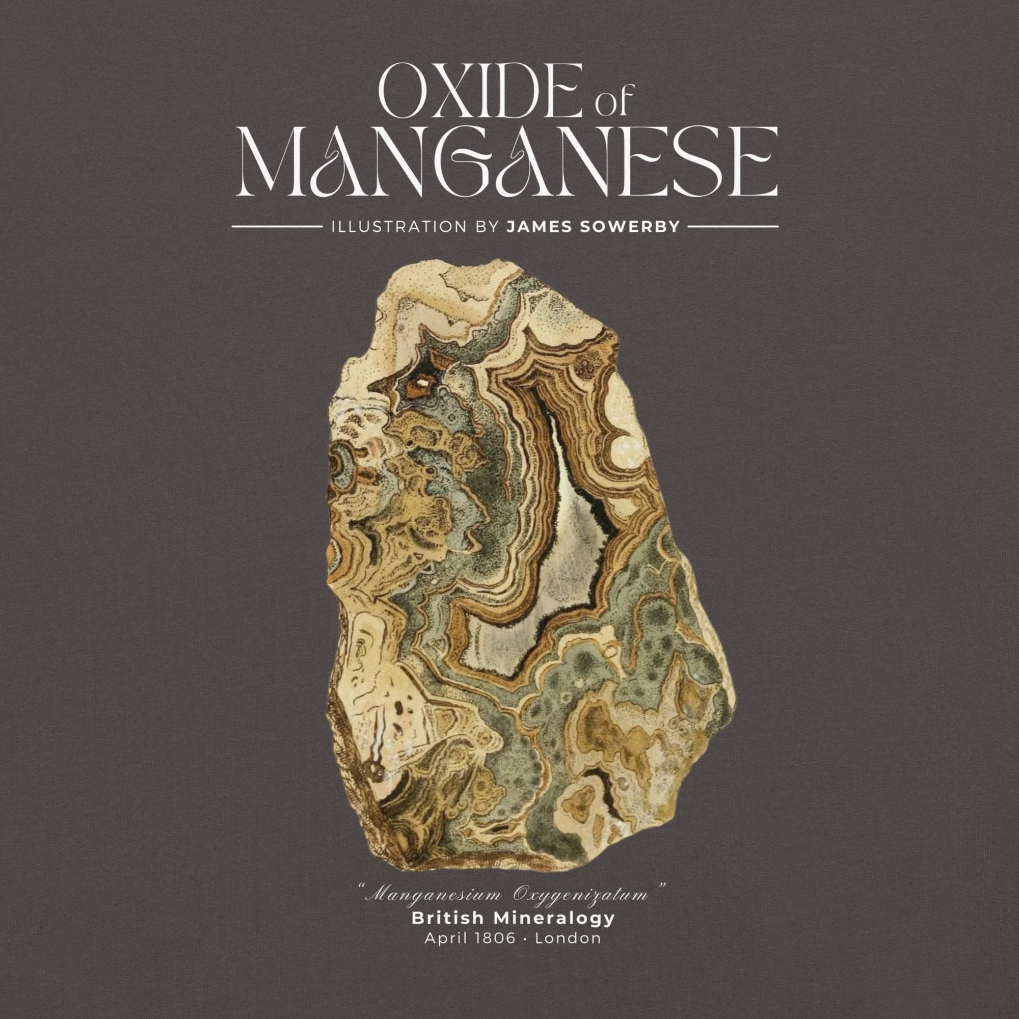 Graphic closeup view of Oxide of Magnesium mineralogy tee, graphite colorway