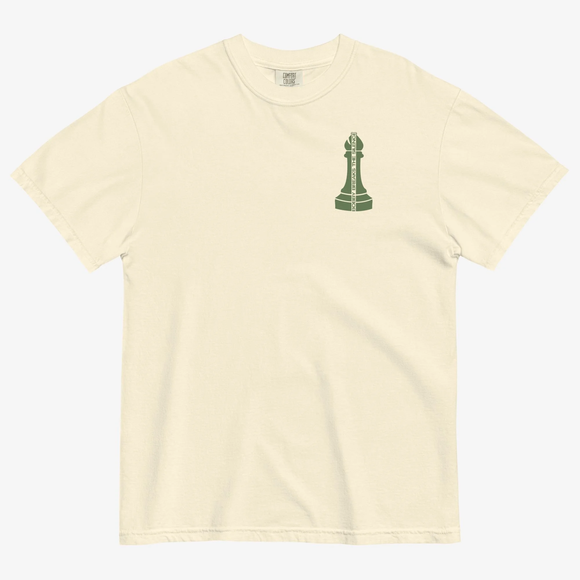 Front view of Bobby Fischer vs Boris Spassky Bobby Breaks the Silence t-shirt, light colorway