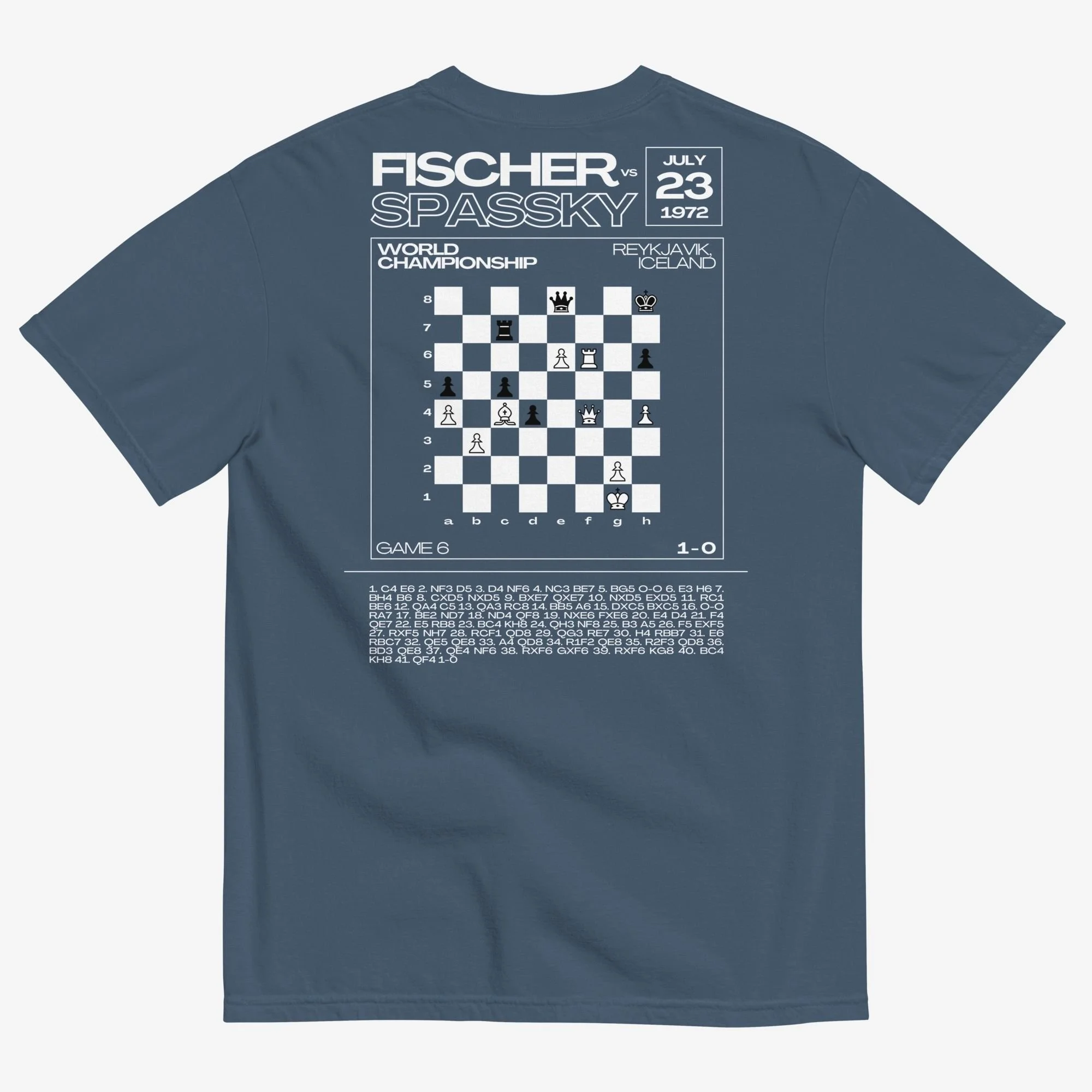 Back view of Bobby Fischer vs Boris Spassky Bobby Breaks the Silence t-shirt, dark colorway