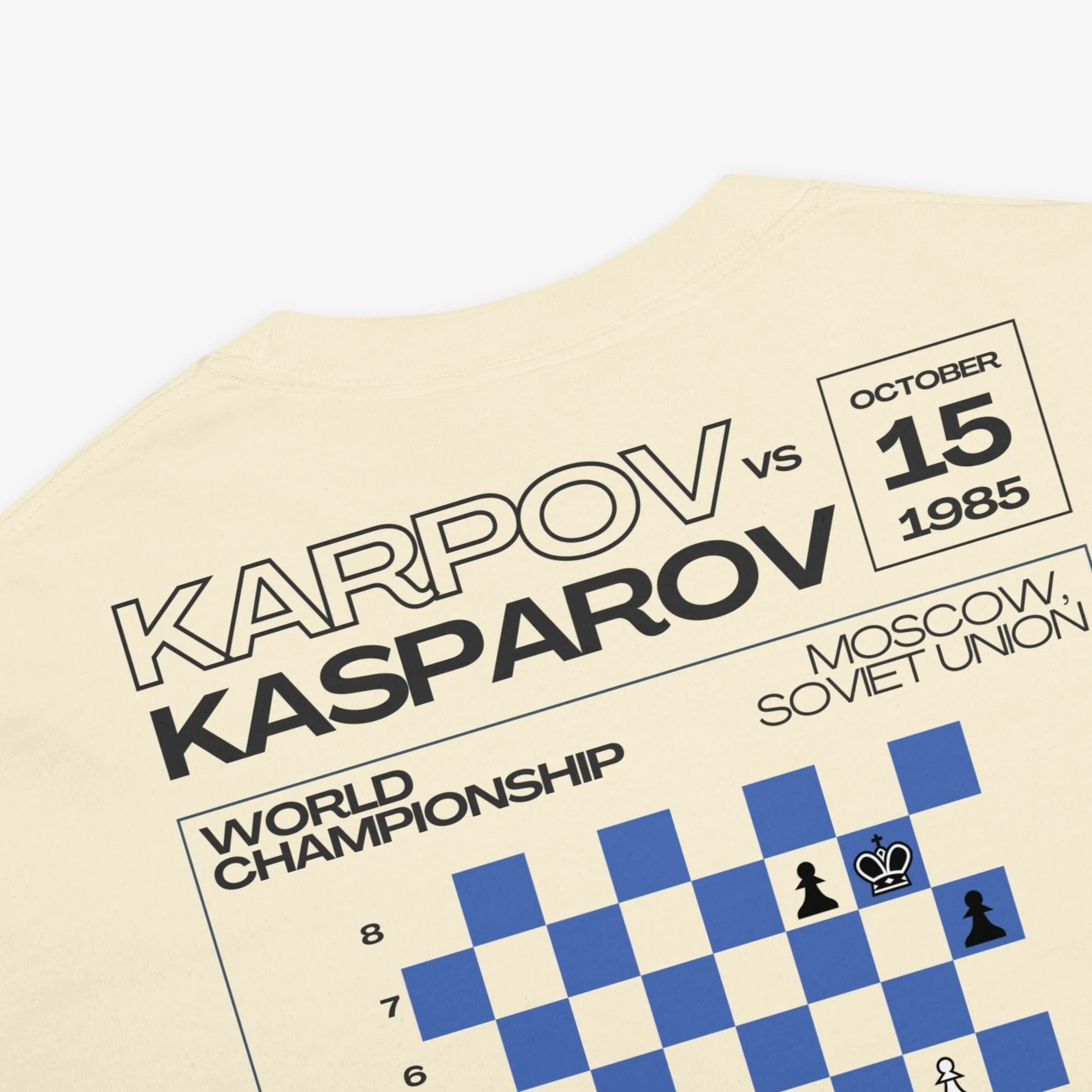 Back detail view of Karpov vs Kasparov Rise of the Octopus Knight t-shirt, light colorway