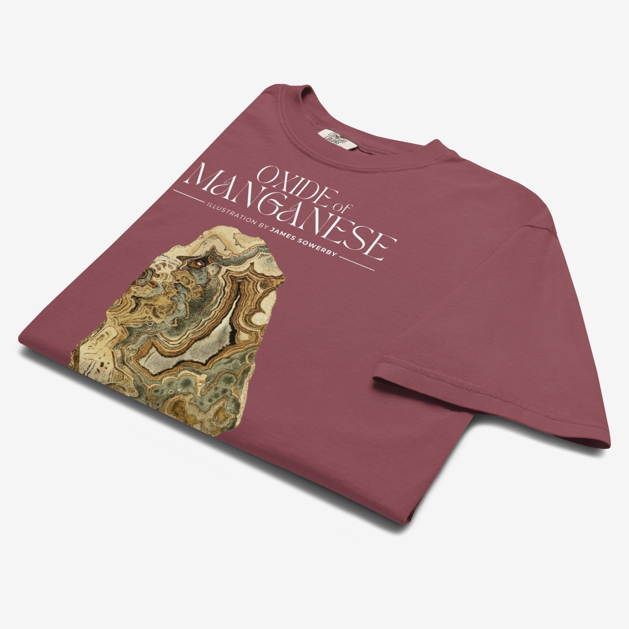 Folded view of Oxide of Magnesium mineralogy tee, brick colorway