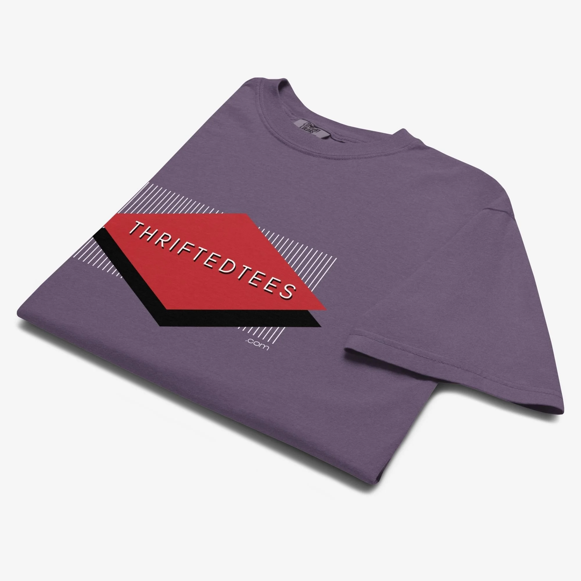 Folded view of retro diamond ThriftedTees t-shirt, grape colorway