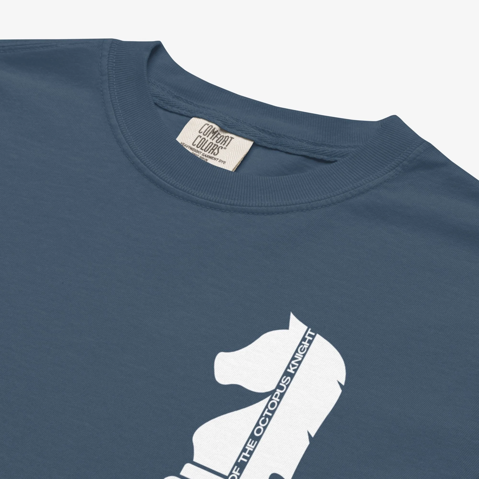 Front chest detail view of Karpov vs Kasparov Rise of the Octopus Knight t-shirt, dark colorway