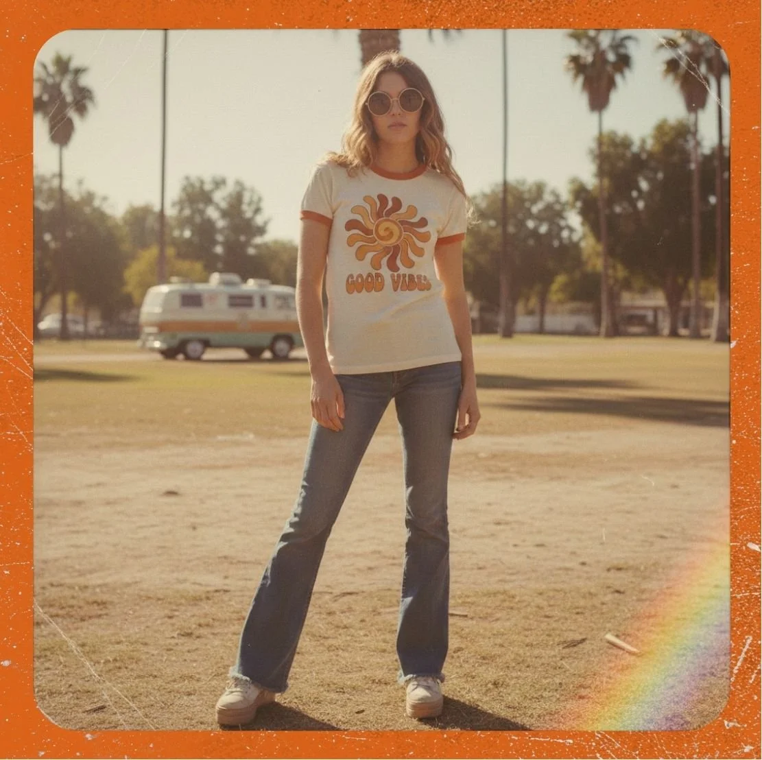 Young women in the 1970's poses in groovy ringer tee.