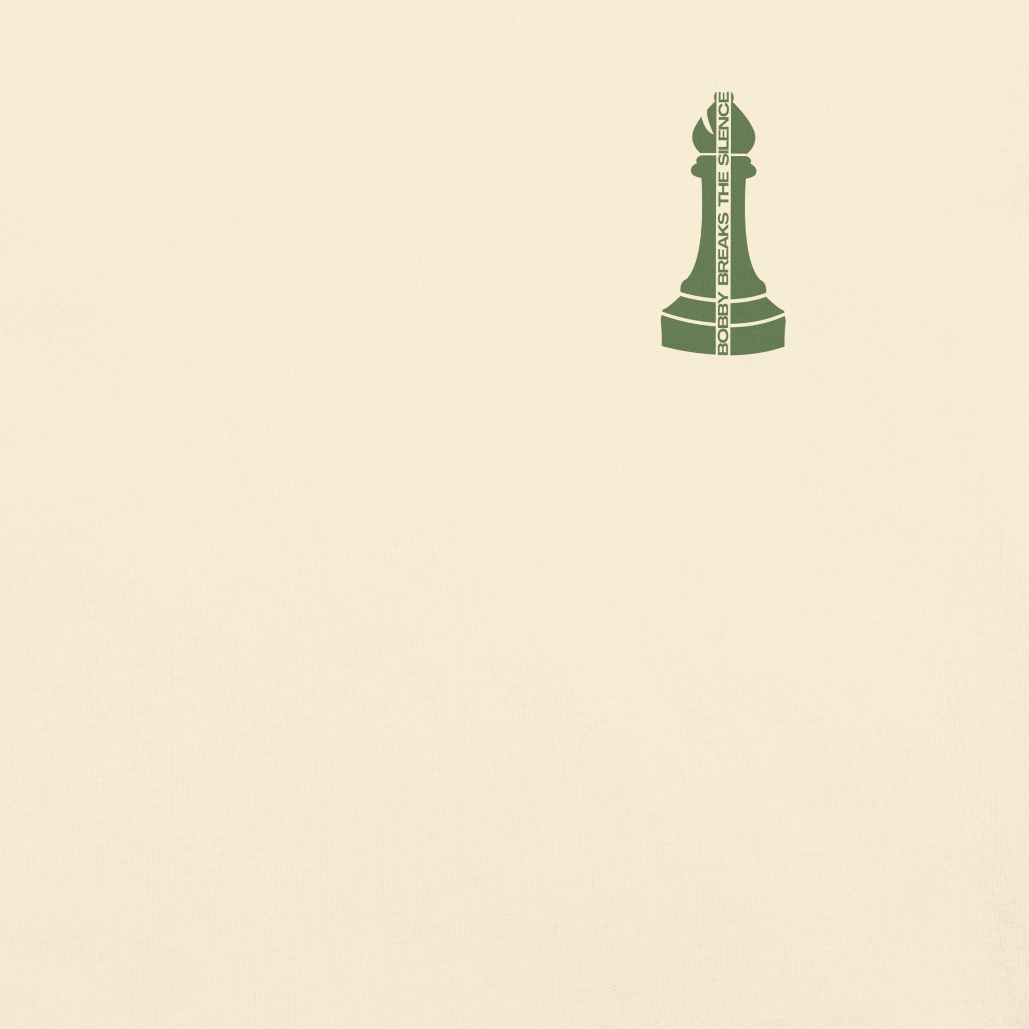 Closeup chest front view of Bobby Fischer vs Boris Spassky Bobby Breaks the Silence t-shirt, light colorway