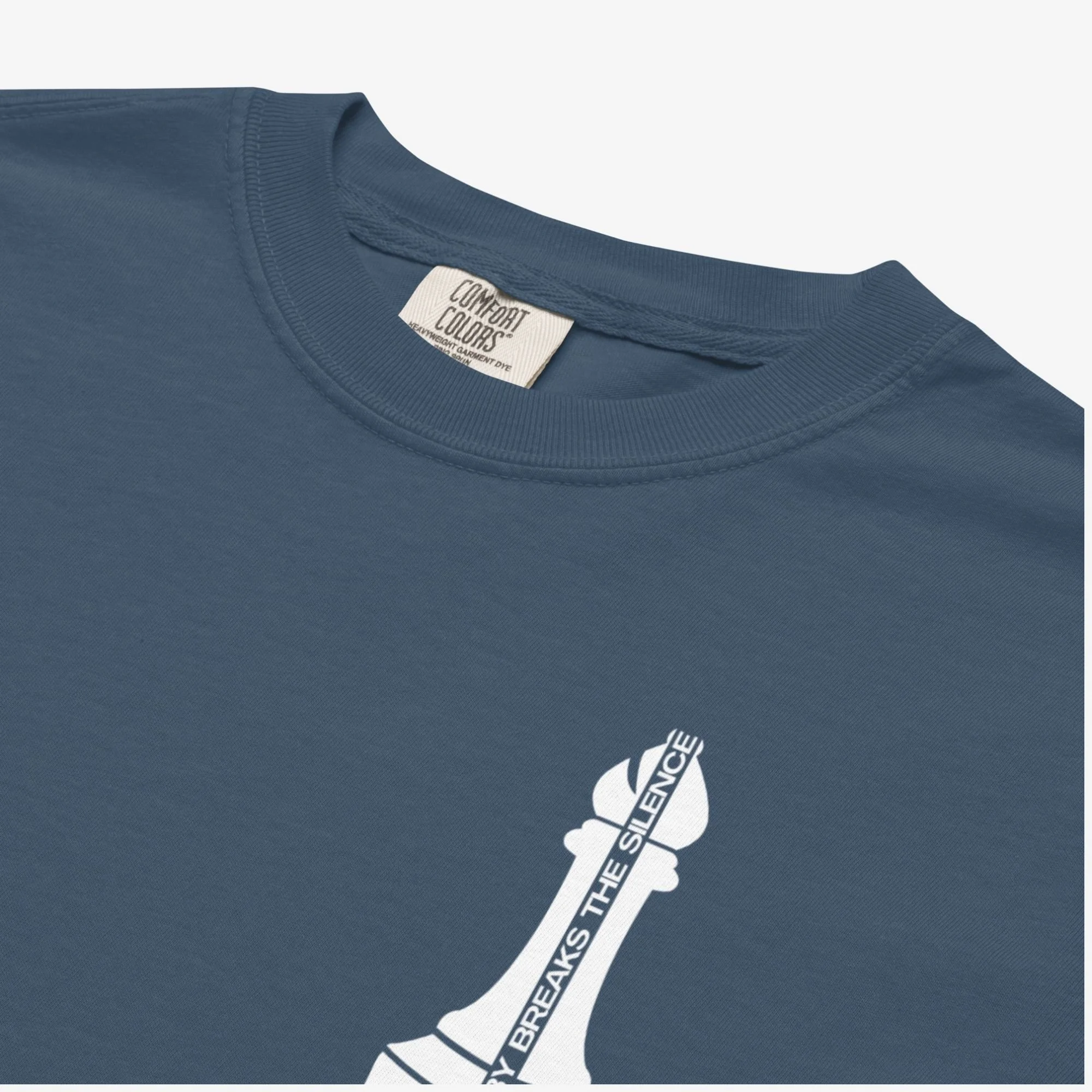 Closeup chest detail view of Bobby Fischer vs Boris Spassky Bobby Breaks the Silence t-shirt, dark colorway