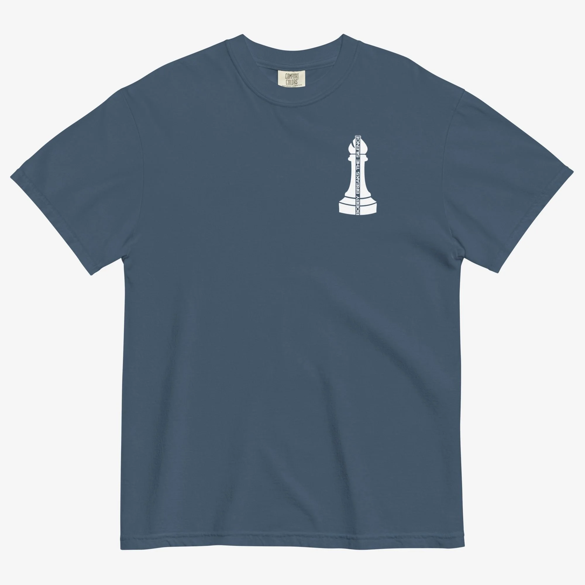 Front view of Bobby Fischer vs Boris Spassky Bobby Breaks the Silence t-shirt, dark colorway
