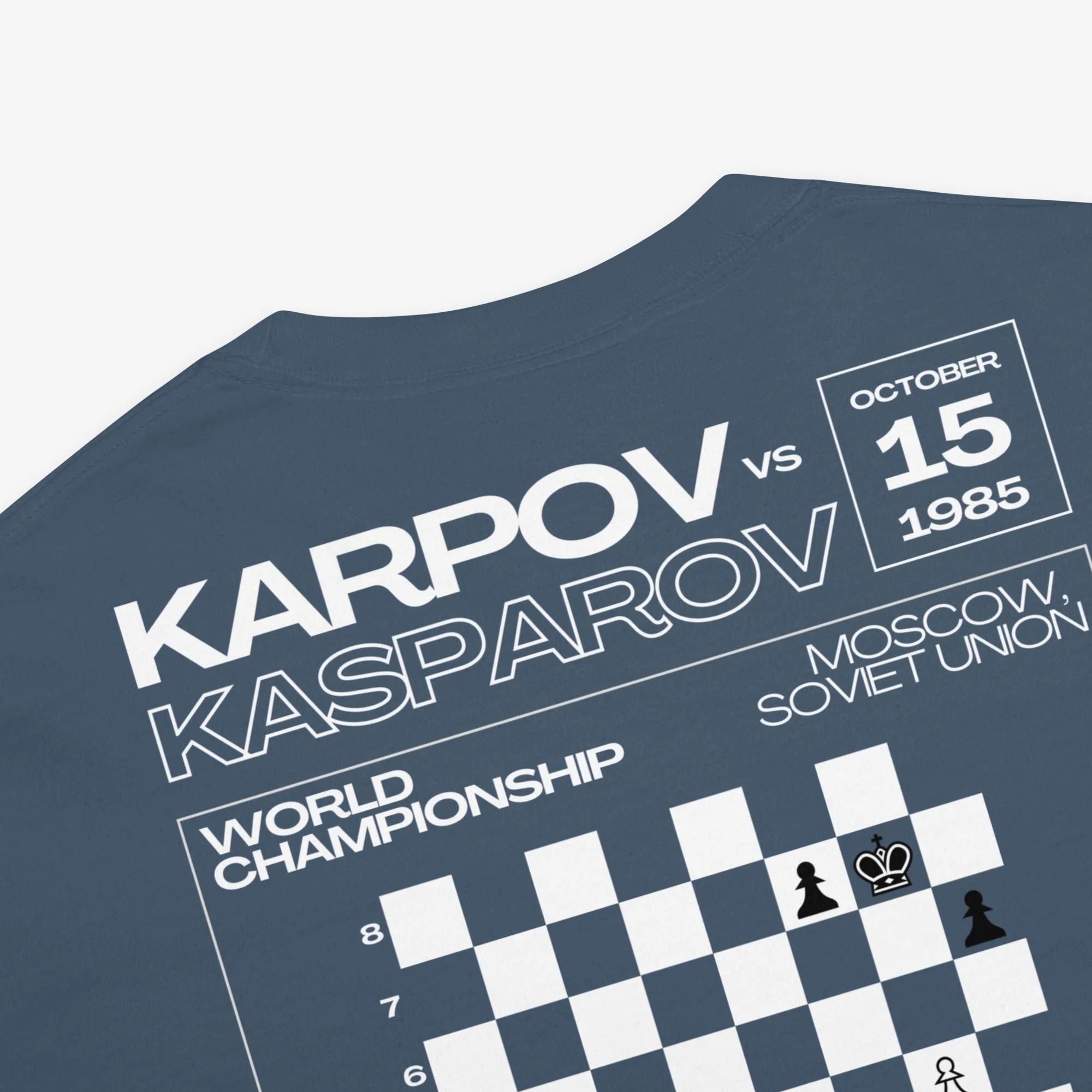 Back detail view of Karpov vs Kasparov Rise of the Octopus Knight t-shirt, dark colorway