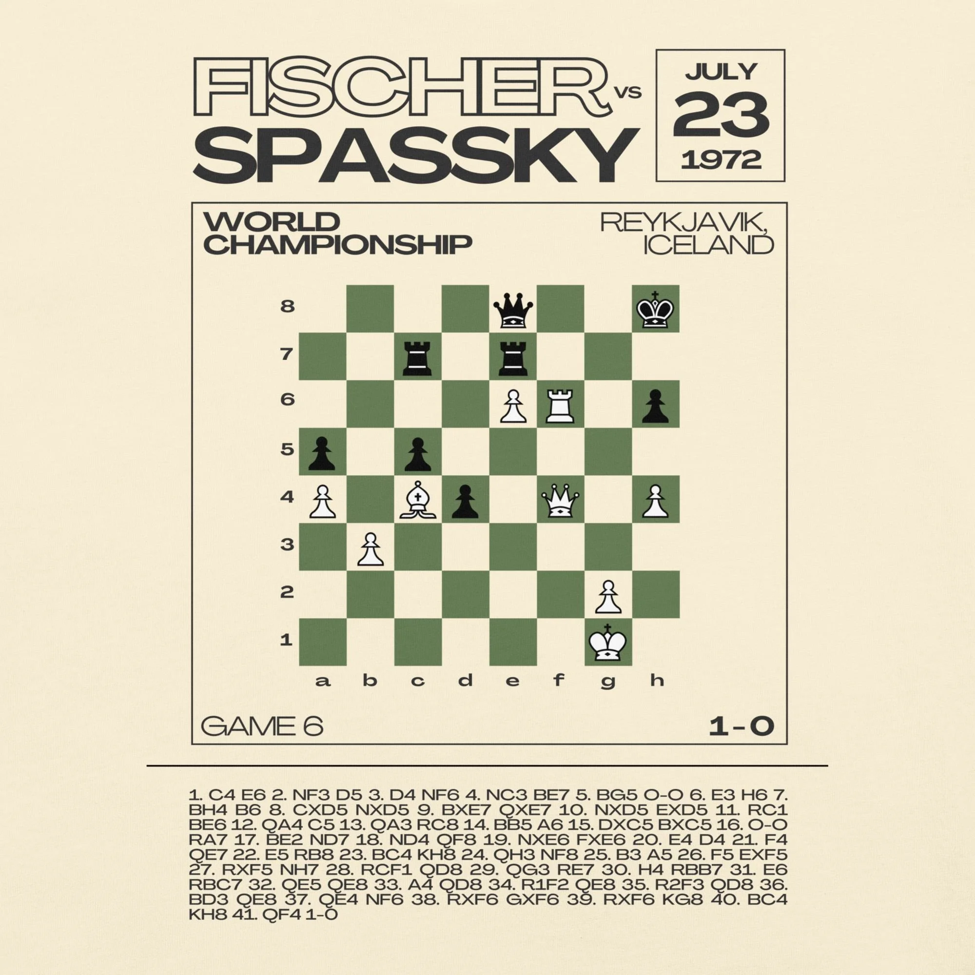 Graphic closeup view of Bobby Fischer vs Boris Spassky Bobby Breaks the Silence t-shirt, light colorway