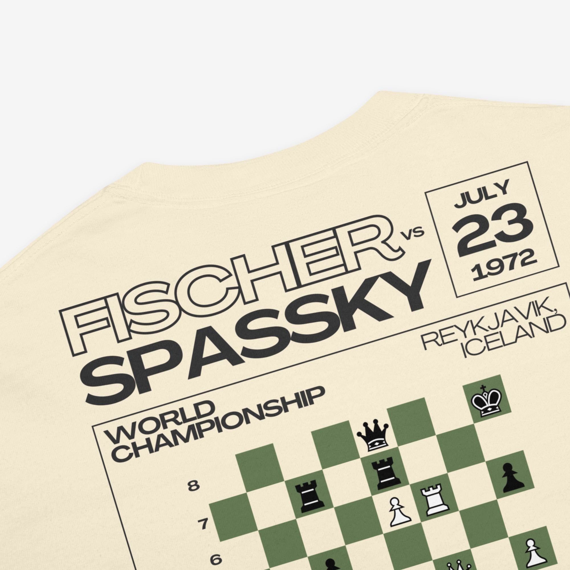 Closeup back detail view of Bobby Fischer vs Boris Spassky Bobby Breaks the Silence t-shirt, light colorway