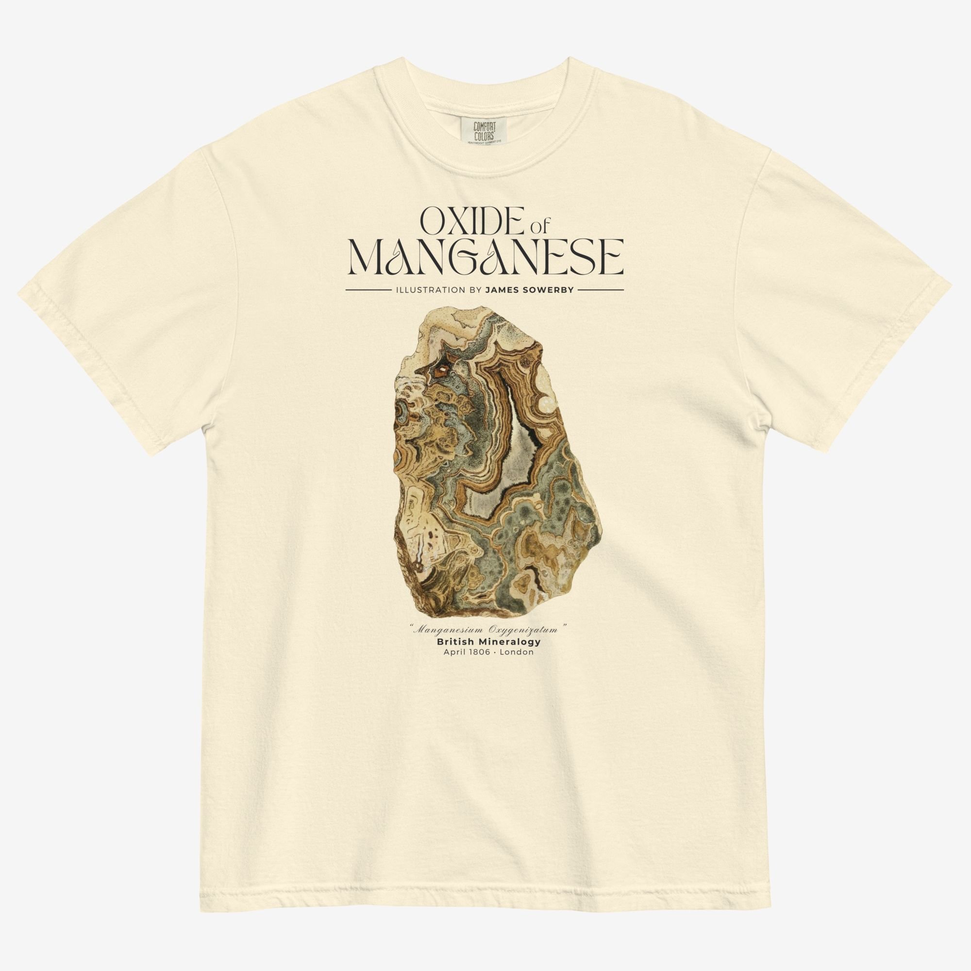 Front view of Oxide of Magnesium mineralogy tee, ivory colorway