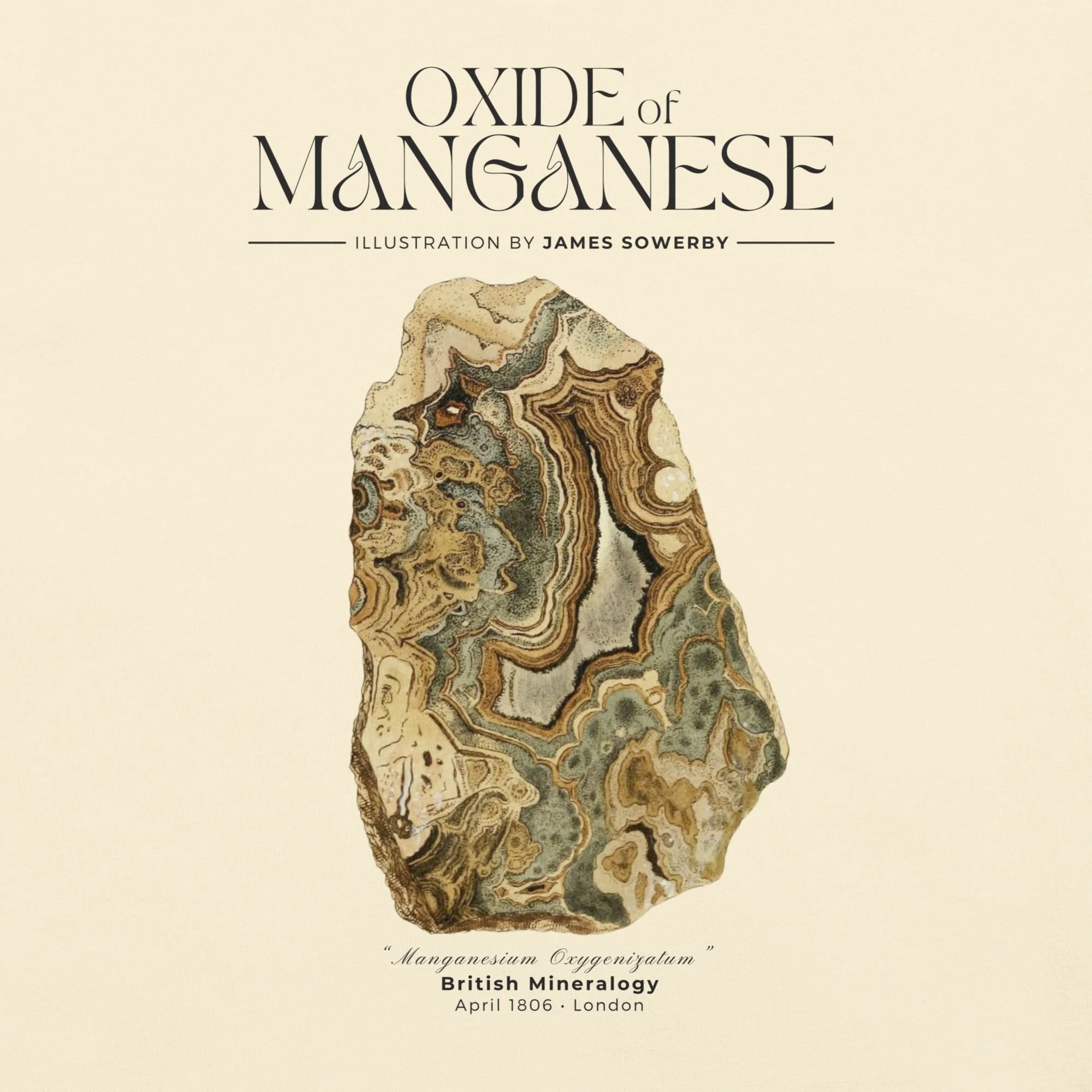 Graphic closeup view of Oxide of Magnesium mineralogy tee, ivory colorway