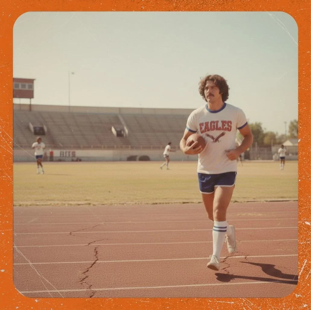 A retro 1970's athletic man running with a football in a ringer tee
