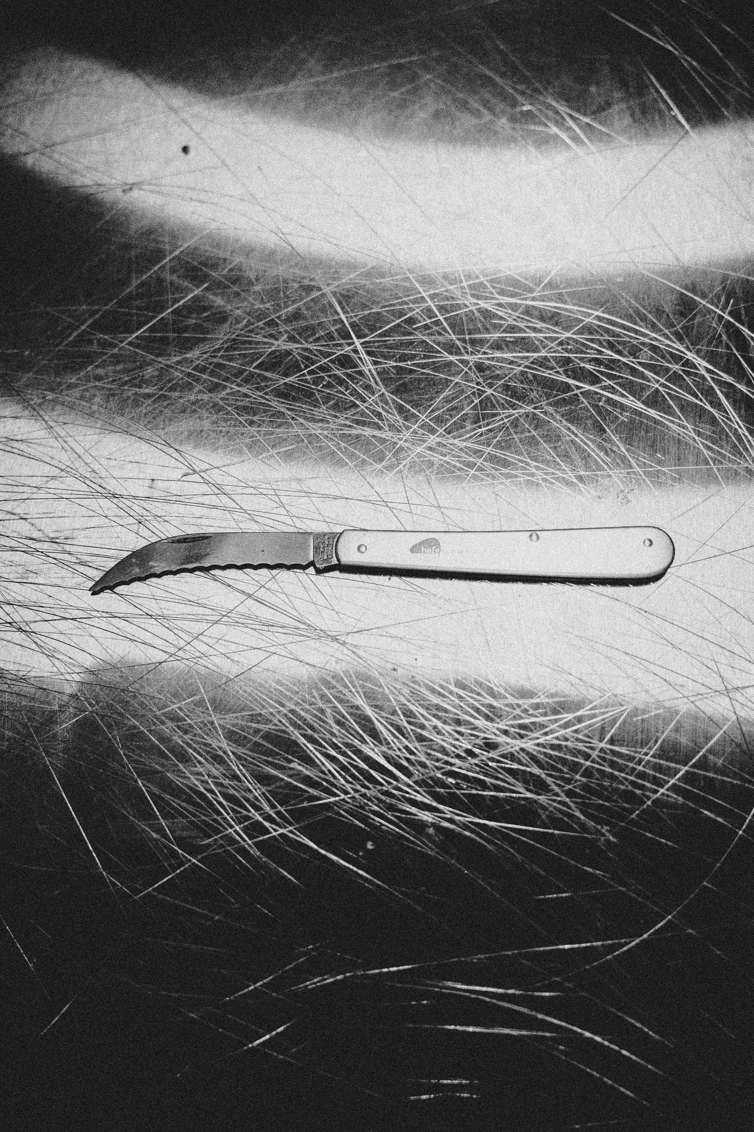 A straight razor with a white handle lying on a surface with numerous small cuts and scratches, some of which are visible in the image.