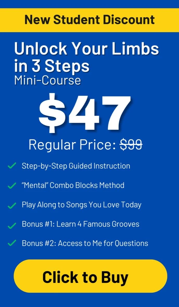 Advertisement for a mini-course titled 'Unlock Your Limbs in 3 Steps' offering a discounted price of $47, marked down from $99, including features like guided instruction, music, and bonuses. There is a call-to-action button labeled 'Click to Buy'.