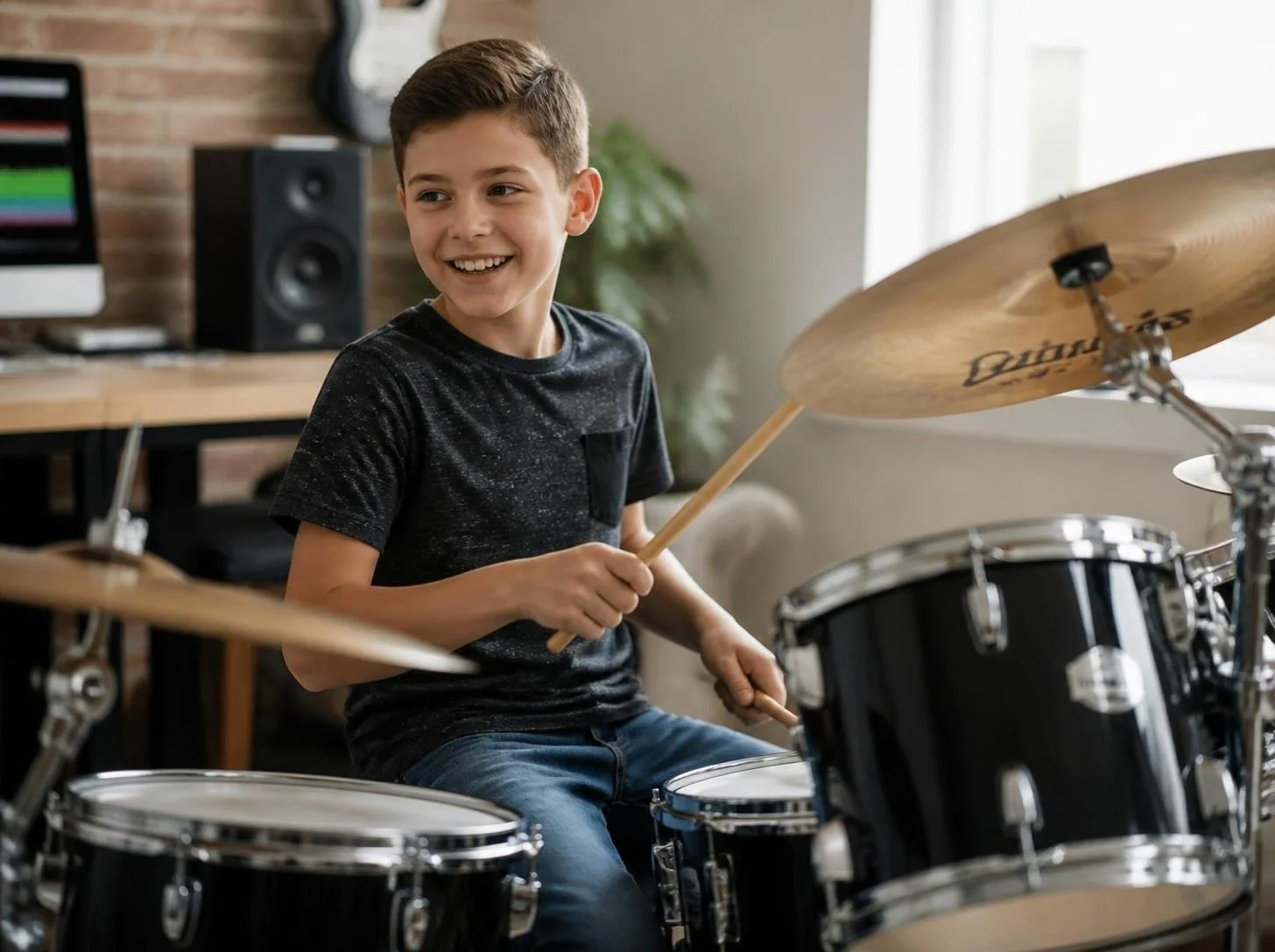 Young drum student smiling while playing drums during a youth drum lesson at Meshem Jackson School of Drums in Redmond, Oregon