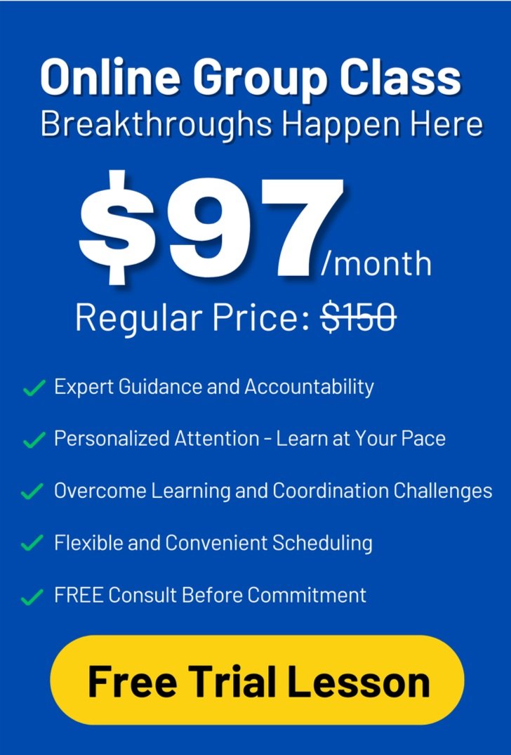 Advertisement for an online group class offering breakthroughs at $97 per month, with a regular price of $150, including features like expert guidance, personalized attention, overcoming learning challenges, flexible scheduling, and a free consultation, with a call to action for a free trial lesson.