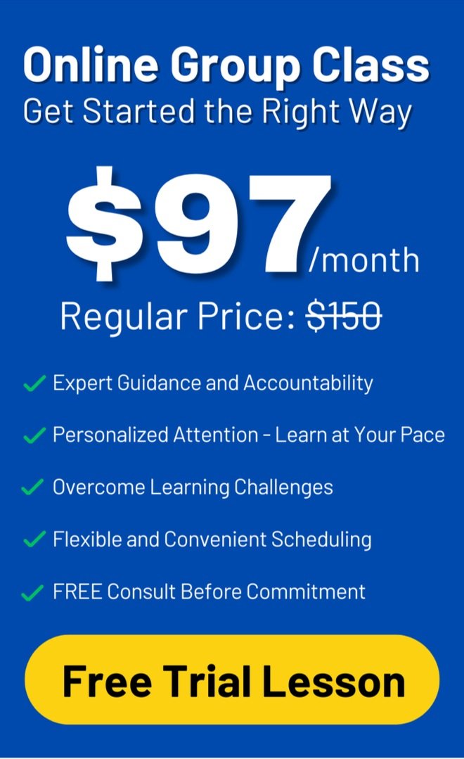 Blue advertisement for online group class offering a discounted price of $97 per month, originally $150, with features like expert guidance, personalized attention, flexible scheduling, and a free trial lesson, with a prominent yellow button stating "Free Trial Lesson."