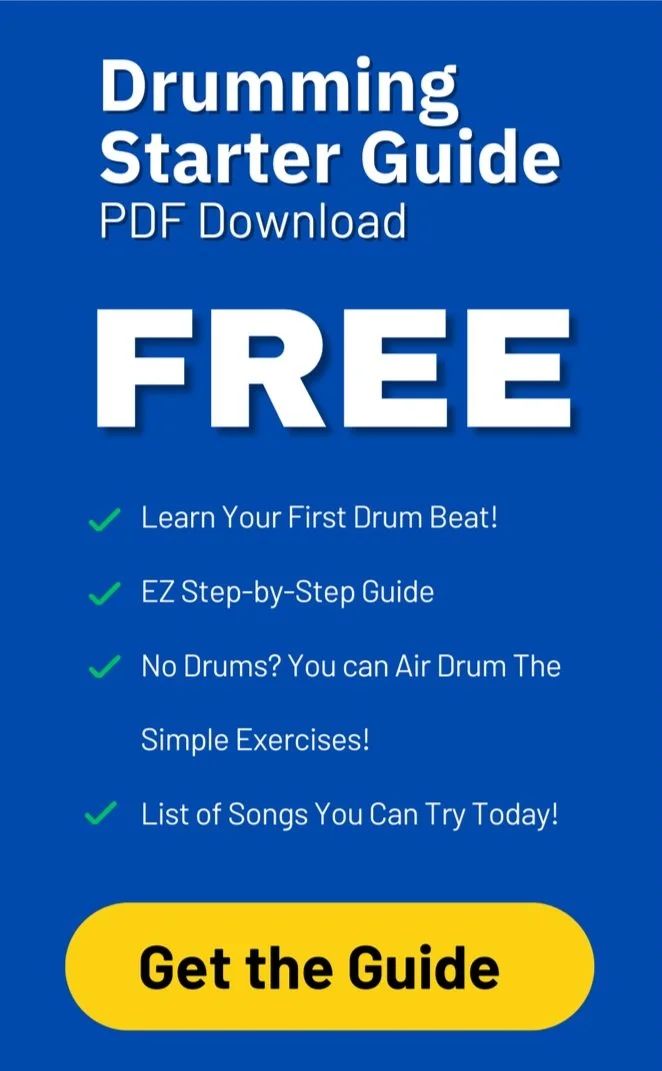 Advertisement for a free drumming starter guide PDF download with features like learning your first drum beat, a step-by-step guide, air drumming exercises, and a list of songs to try, with a yellow button labeled 'Get the Guide'.