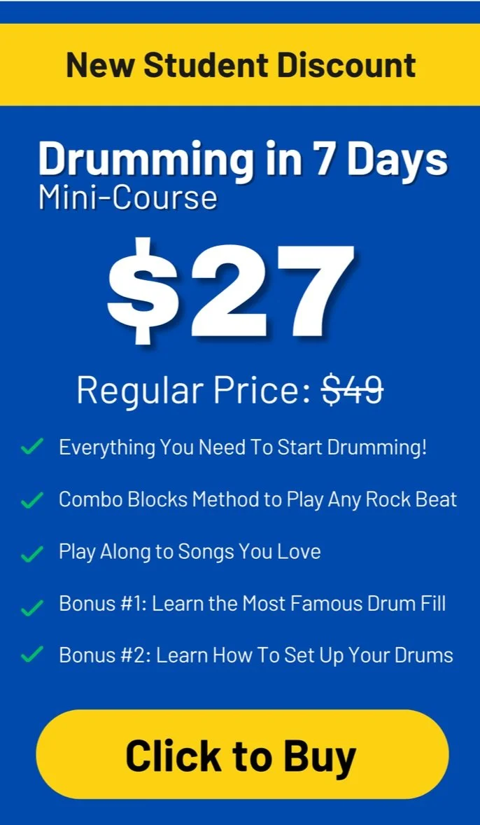 Advertisement for a drumming mini-course with a discounted price of $27, originally $49, offering lessons on drumming basics, playing to songs, and setup tips, with a prominent "Click to Buy" button.