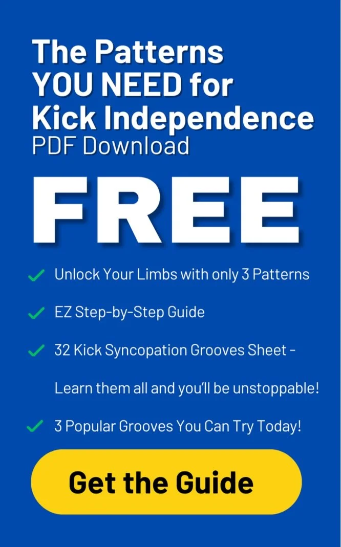 Blue promotional graphic advertising a free PDF guide for kickboxing, highlighting features like three kick patterns, an EZ step-by-step guide, 32 syncopation grooves, and three grooves to try, with a yellow button labeled 'Get the Guide'.