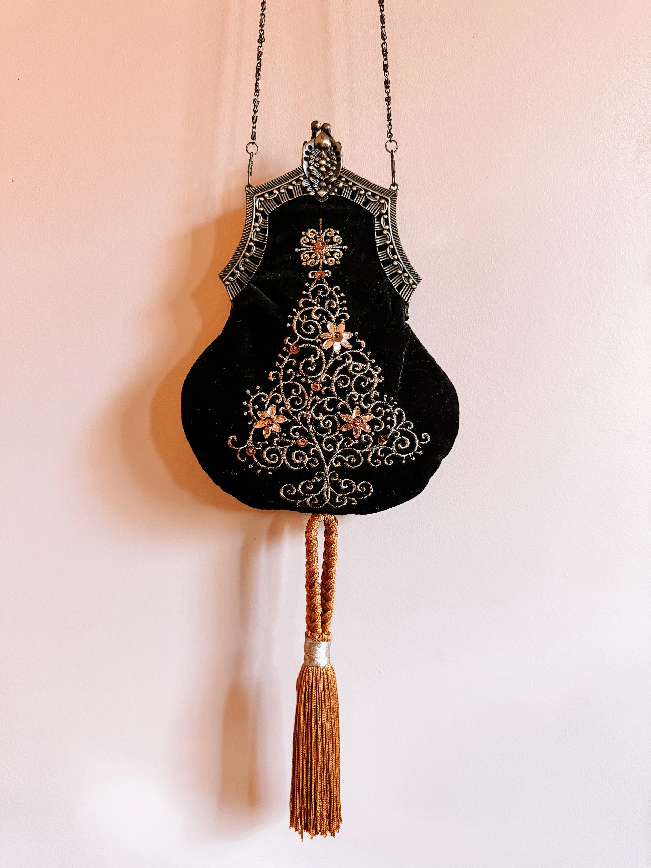 Black Velvet Vintage Beaded Bag with Tassel