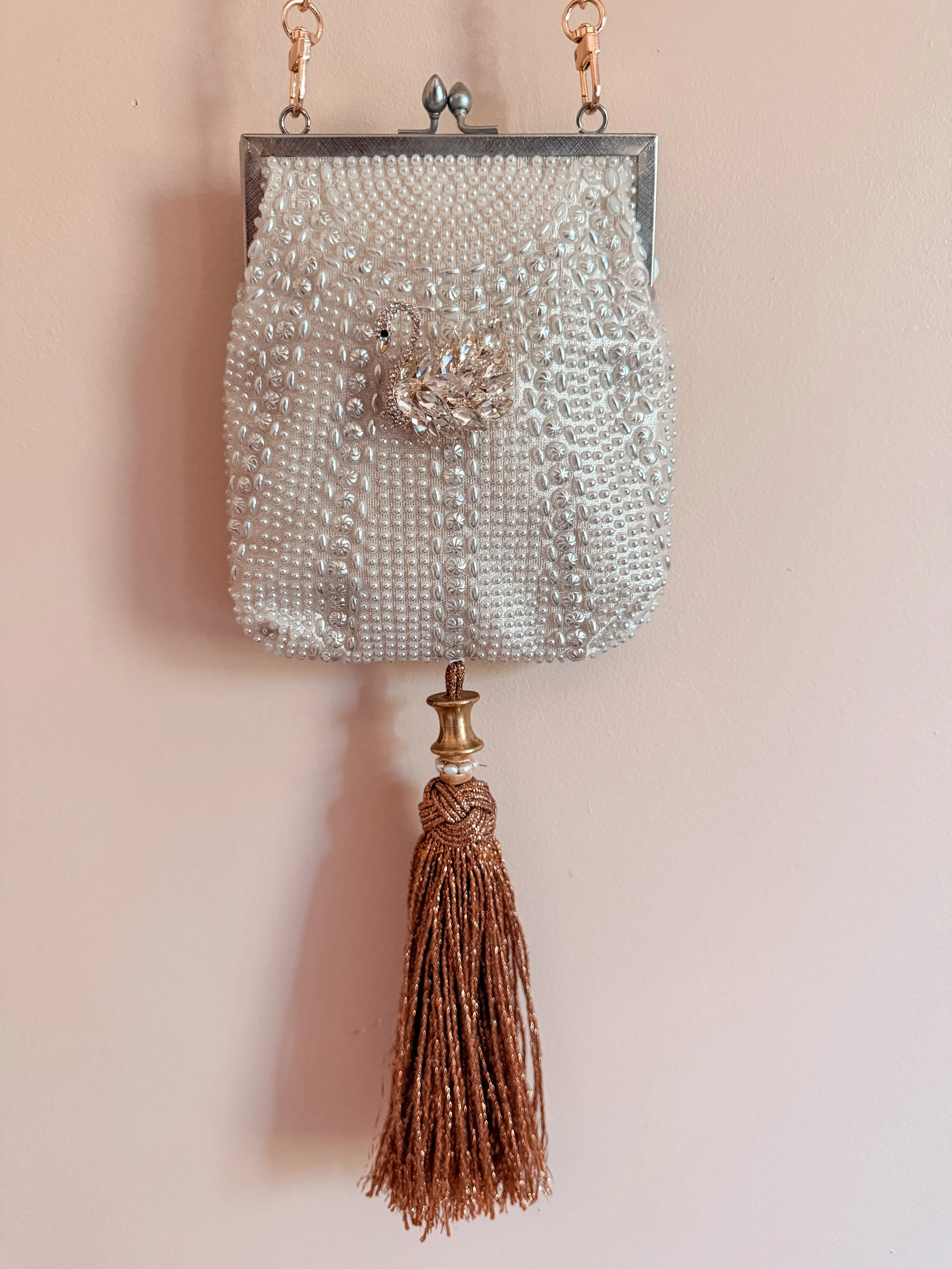 White Beaded Swan Bag with Tassel