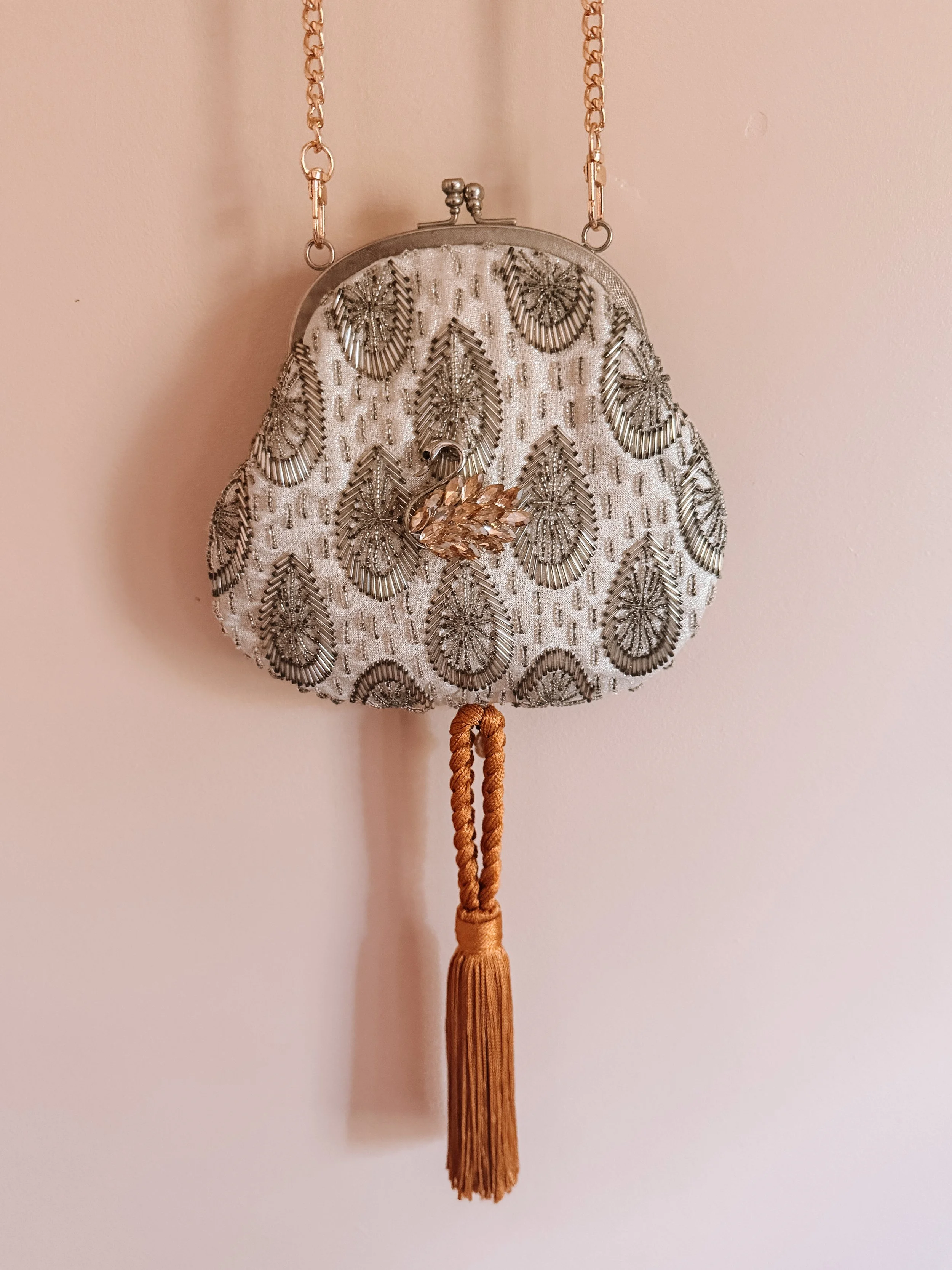 White + Silver Beaded Swan Bag with Tassel