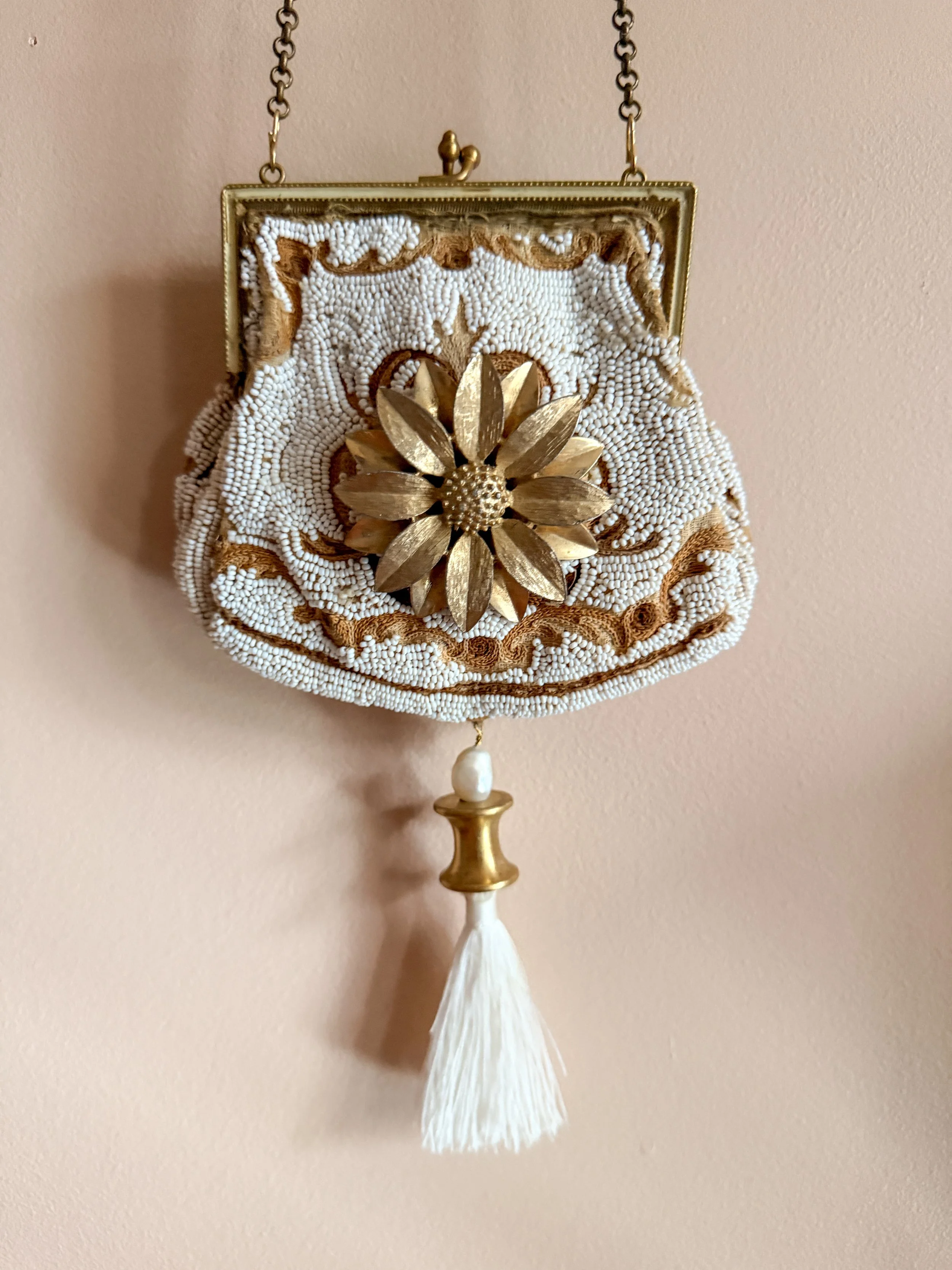 Antique Beaded Bag with Tassel and Flower Pin