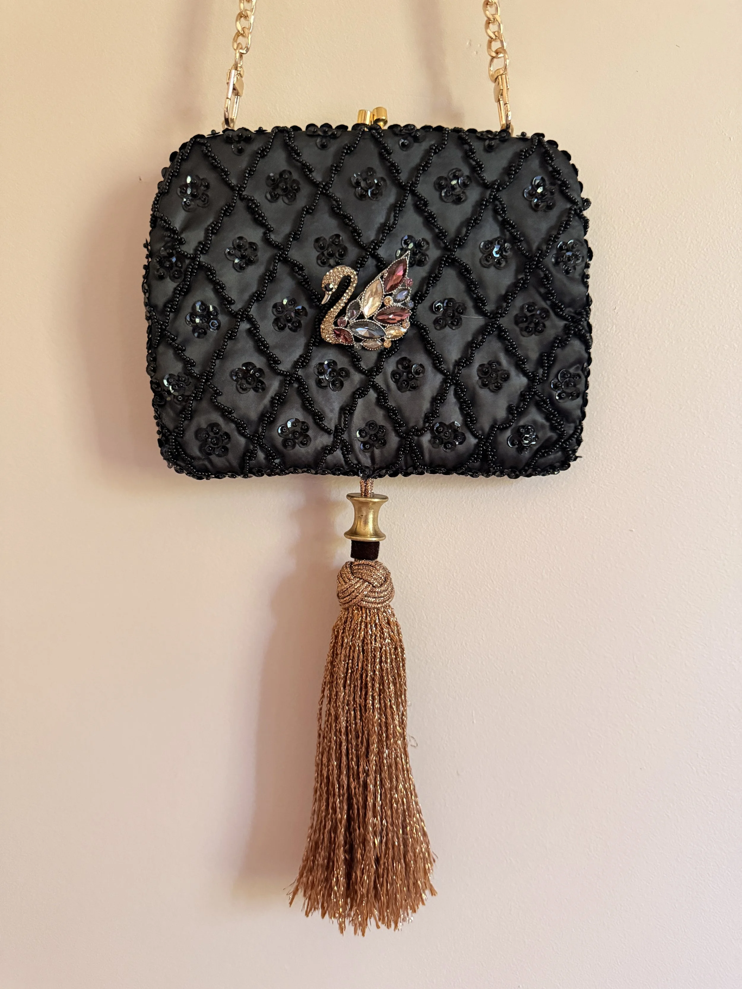 Black Sequin Swan Bag with Tassel