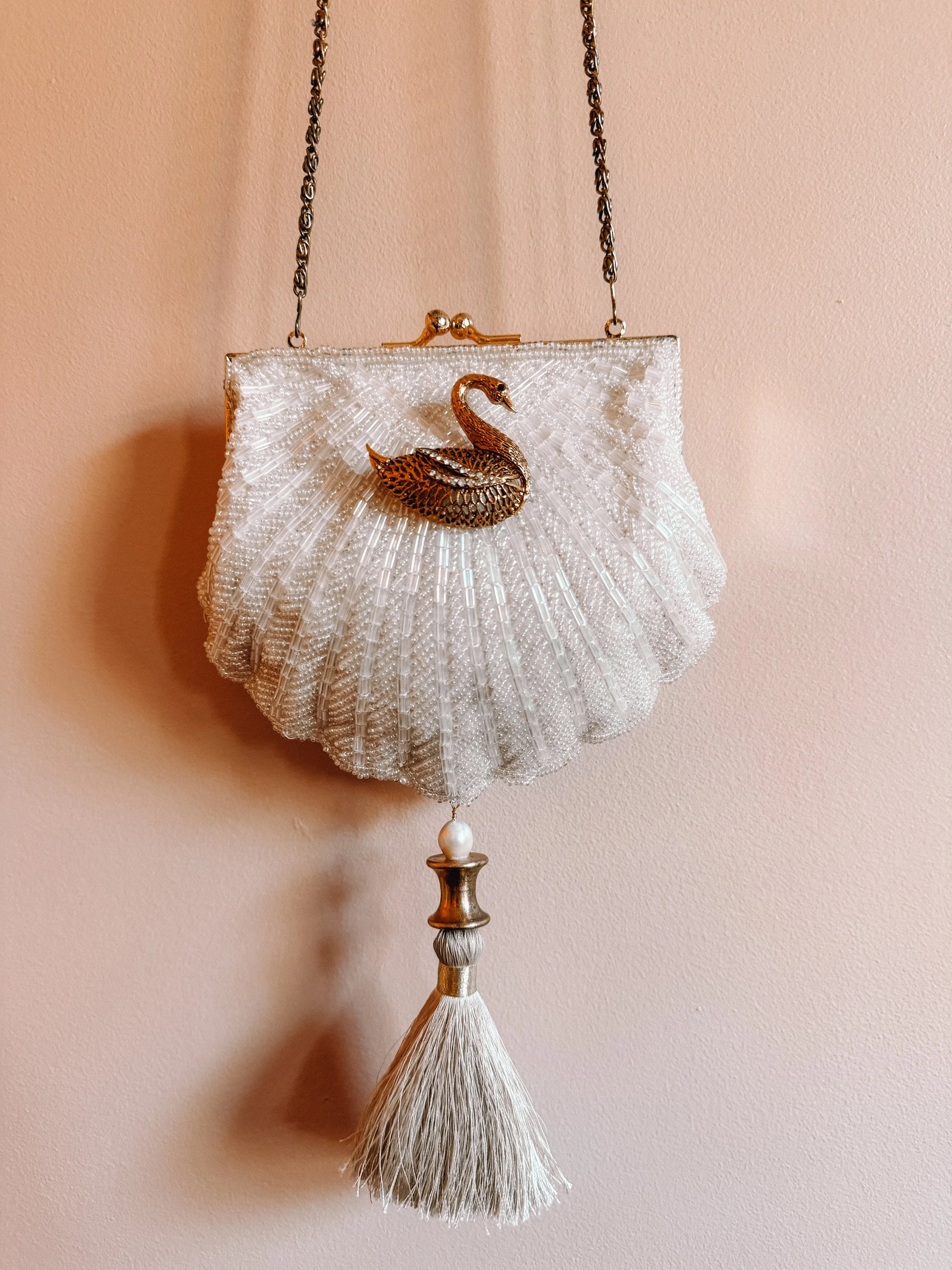 Clamshell Beaded Bag with Tassel and Swan