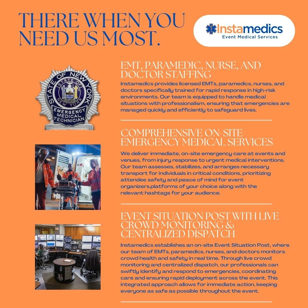 At Instamedics, we&rsquo;re dedicated to keeping events safe with highly trained medical professionals. From EMTs to doctors, our team is equipped to handle any emergency with professionalism and care. Whether it&rsquo;s immediate on-site response, c