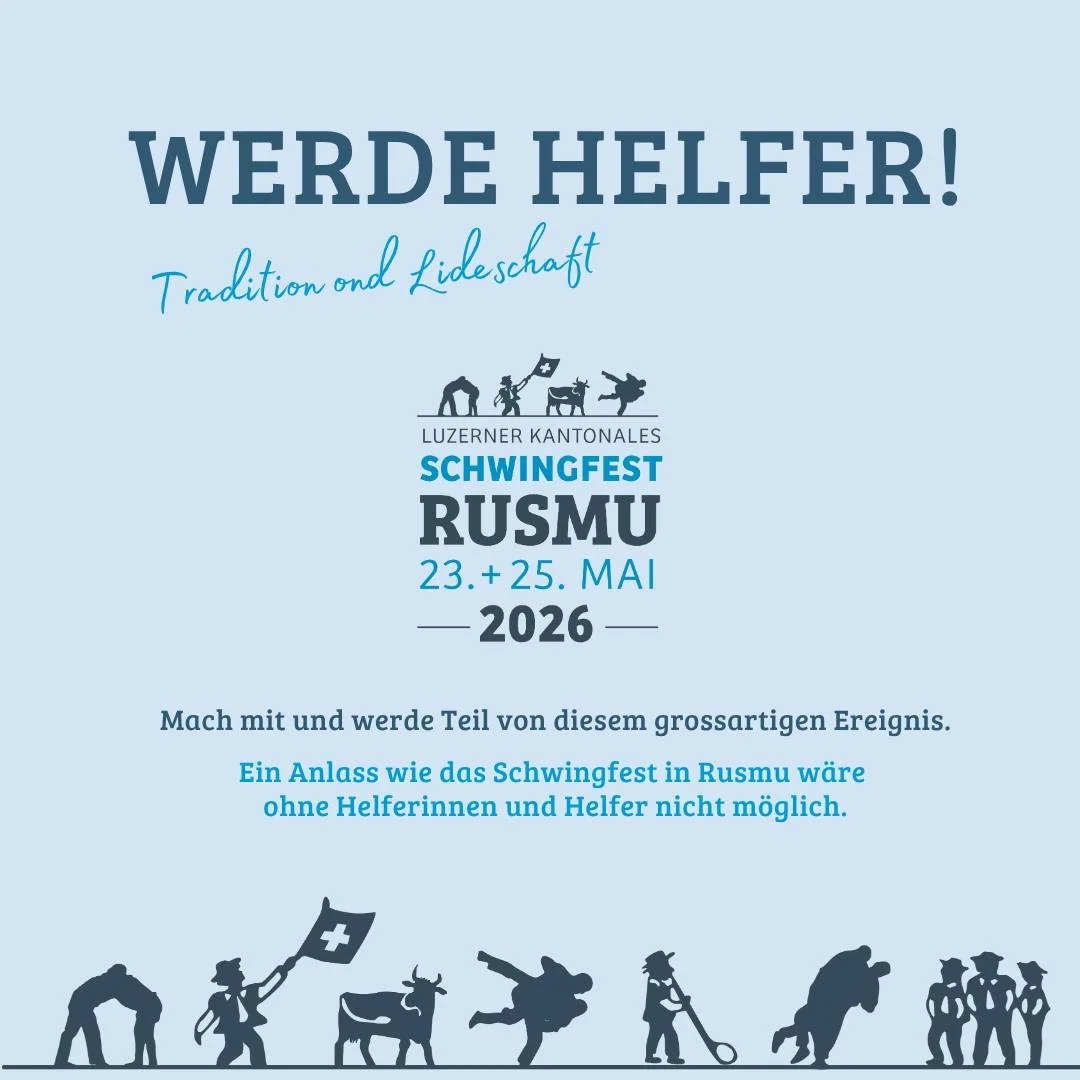 🇨🇭 Jetzt Helfer werden f&uuml;rs Luzerner Kantonale Schwingfest 2026 in Rusmu! 💪

Vom 23. + 25. Mai 2026 wird Rusmu zum Mittelpunkt des Schwingsports &ndash; und du kannst mitten drin sein! 🙌
Ein Anlass wie das Schwingfest in Rusmu w&auml;re ohne