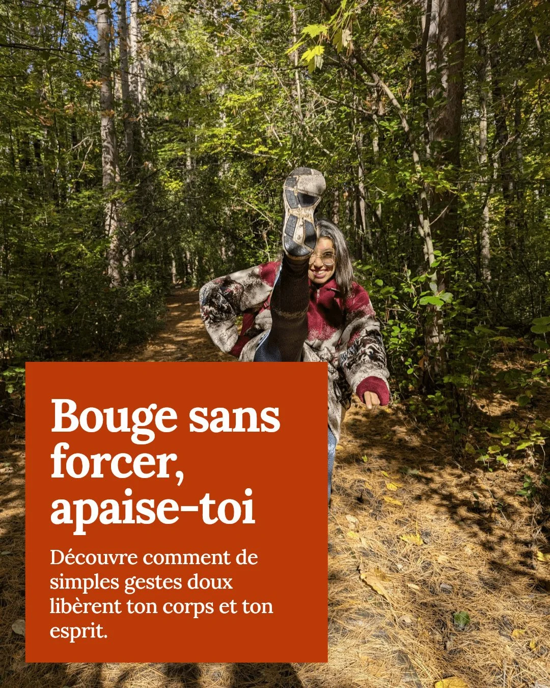 Bouger avec plaisir et douceur, c'est offrir &agrave; ton corps un cadeau pr&eacute;cieux : la lib&eacute;ration des tensions qui p&egrave;sent sur toi, autant physiquement que mentalement.

Pas besoin de forcer ou d'en faire trop. Une simple danse, 