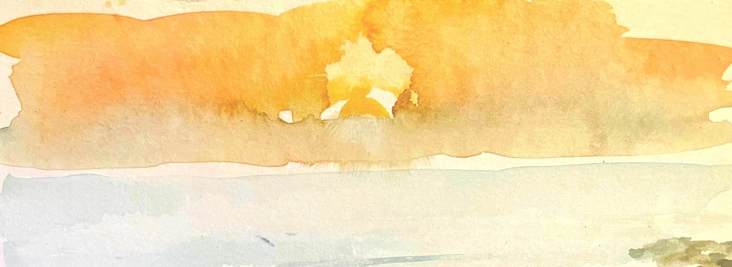 Abstract watercolor painting with warm orange, yellow, and beige tones.