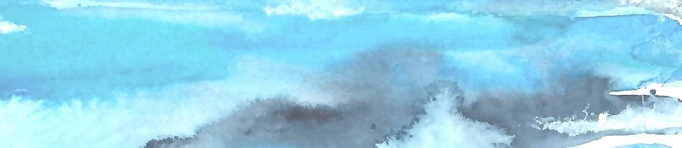 Abstract watercolor painting with shades of blue, gray, and white.