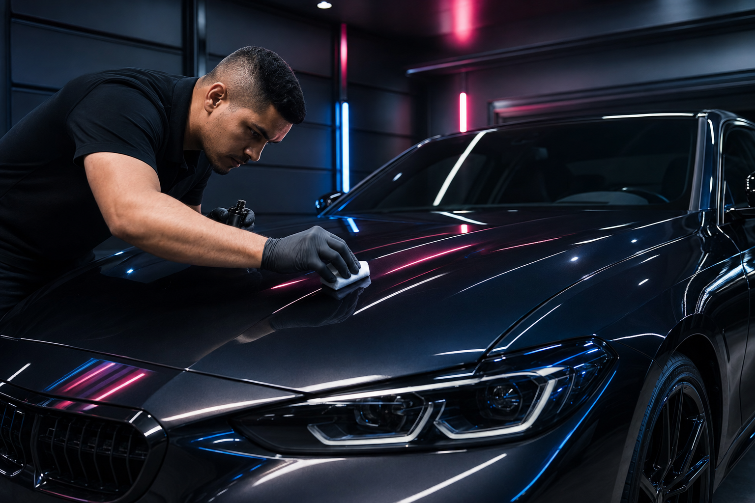 A man wearing black gloves polishing the hood of a sleek black car in a garage with neon lighting.