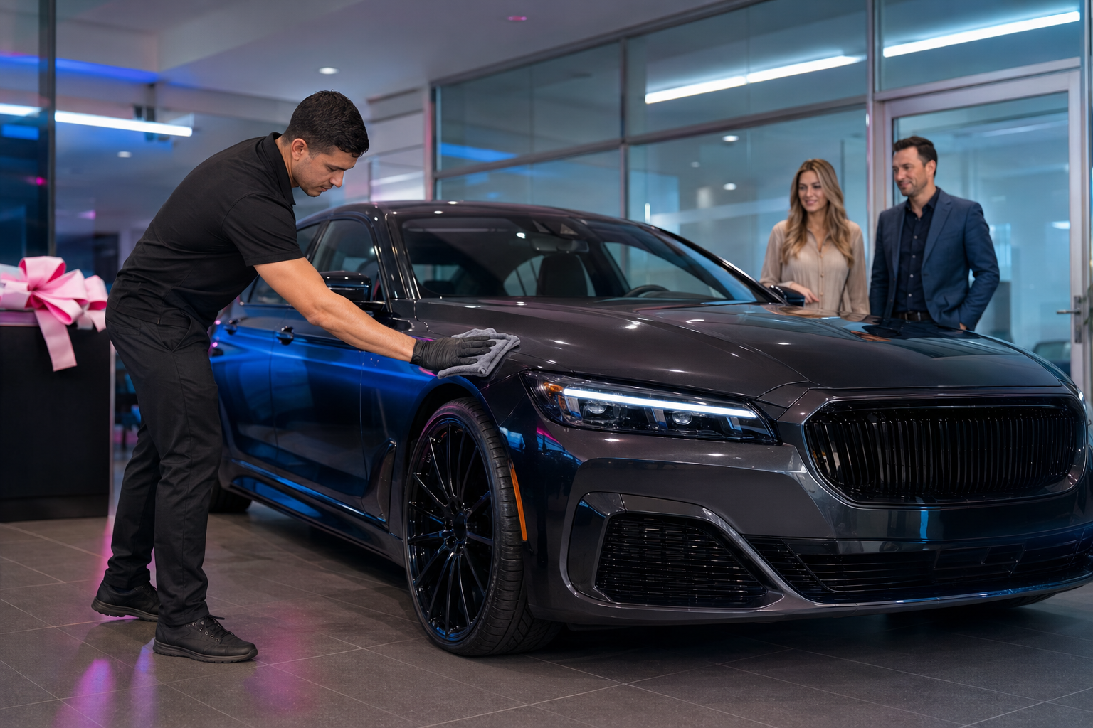 A car salesperson polishing a black luxury sedan with two customers observing inside a car dealership.