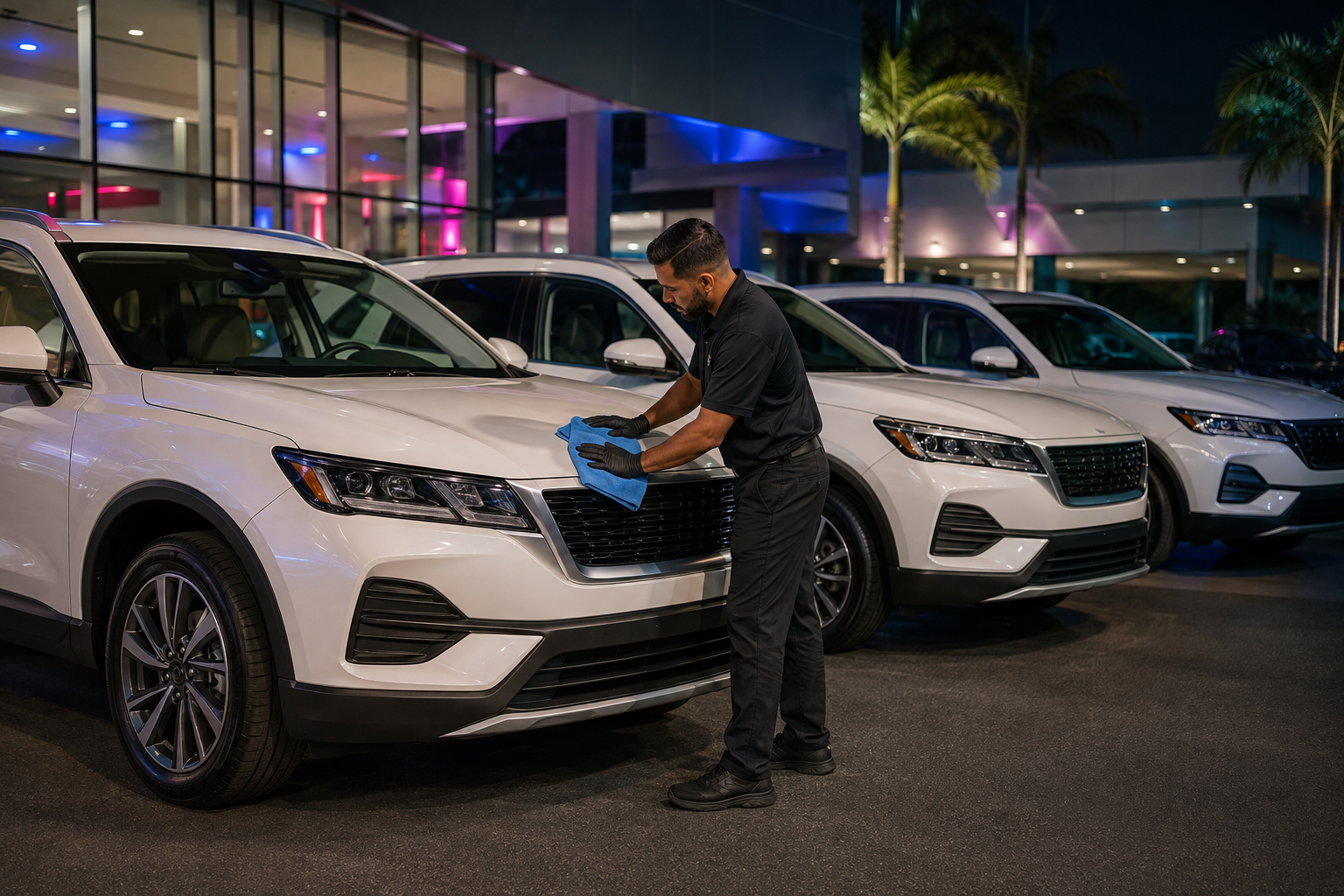 Man cleaning white SUV with a blue cloth at night in a car dealership lot, with other white SUVs and palm trees in the background.
