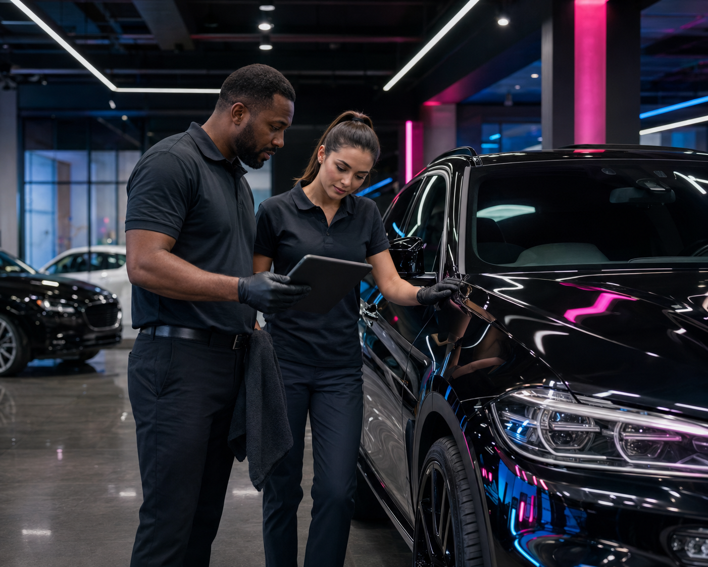 Two employees in black uniforms inspecting a black car with a tablet in a modern indoor showroom.