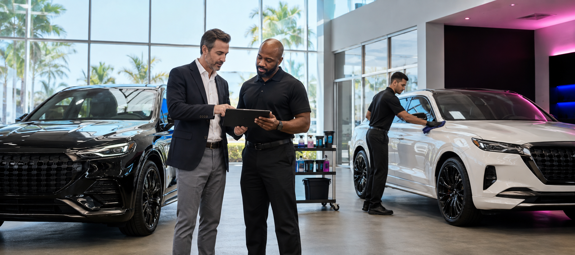 Two men look at a tablet in a car dealership showroom, with a black car behind them and a white car being cleaned by another employee in the background.