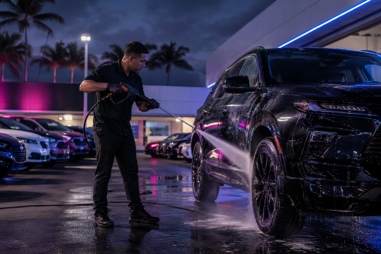 A man washing a black luxury SUV at night with a high-pressure water hose in a parking lot with neon lights and palm trees in the background.