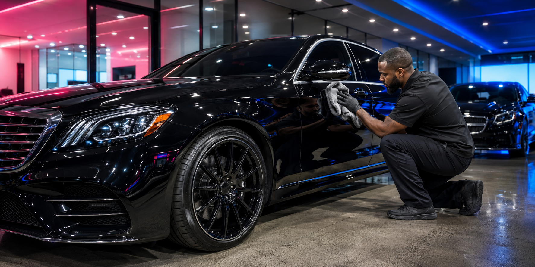 A man polishing a black luxury car inside a brightly lit showroom with colorful neon lights.