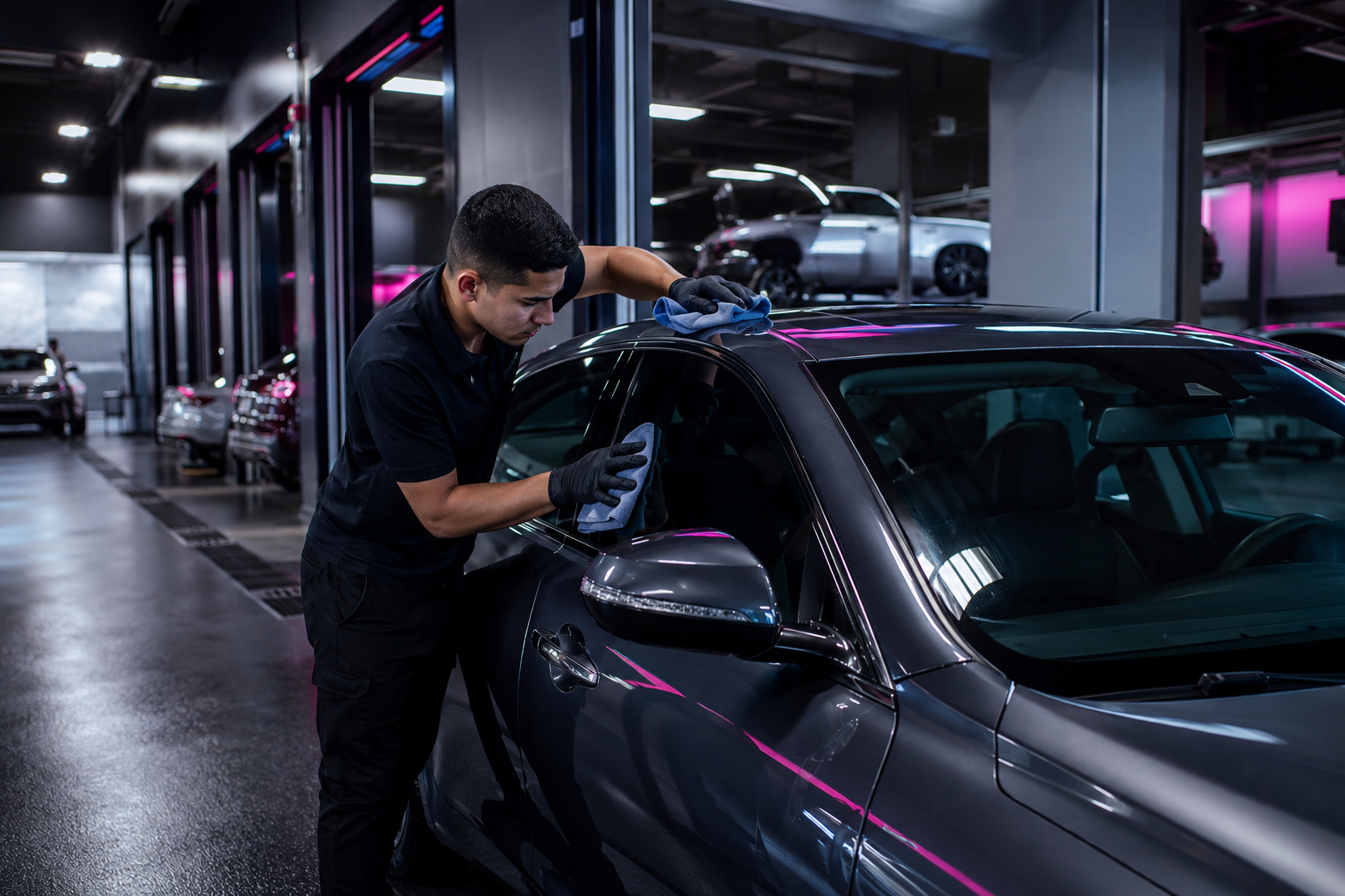 A man in black scrubbing a black car inside a modern car dealership or repair shop with multiple cars visible in the background.