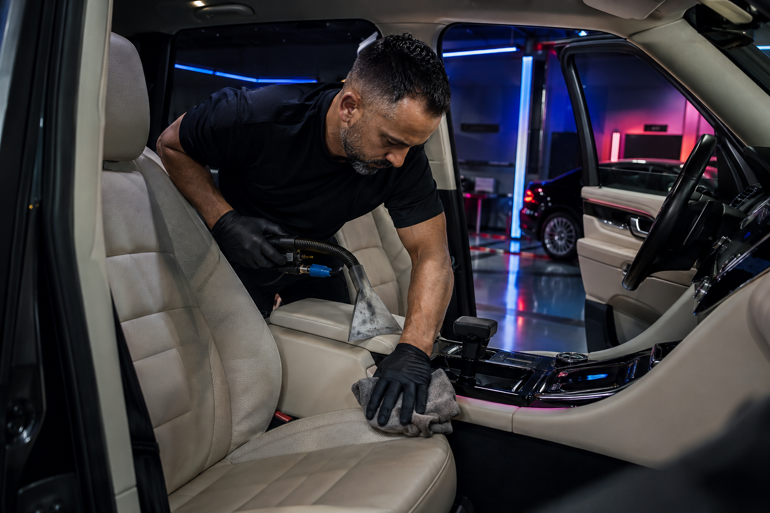 A man cleaning the interior of a car using a vacuum cleaner and a cloth, seated inside a vehicle with beige leather seats.