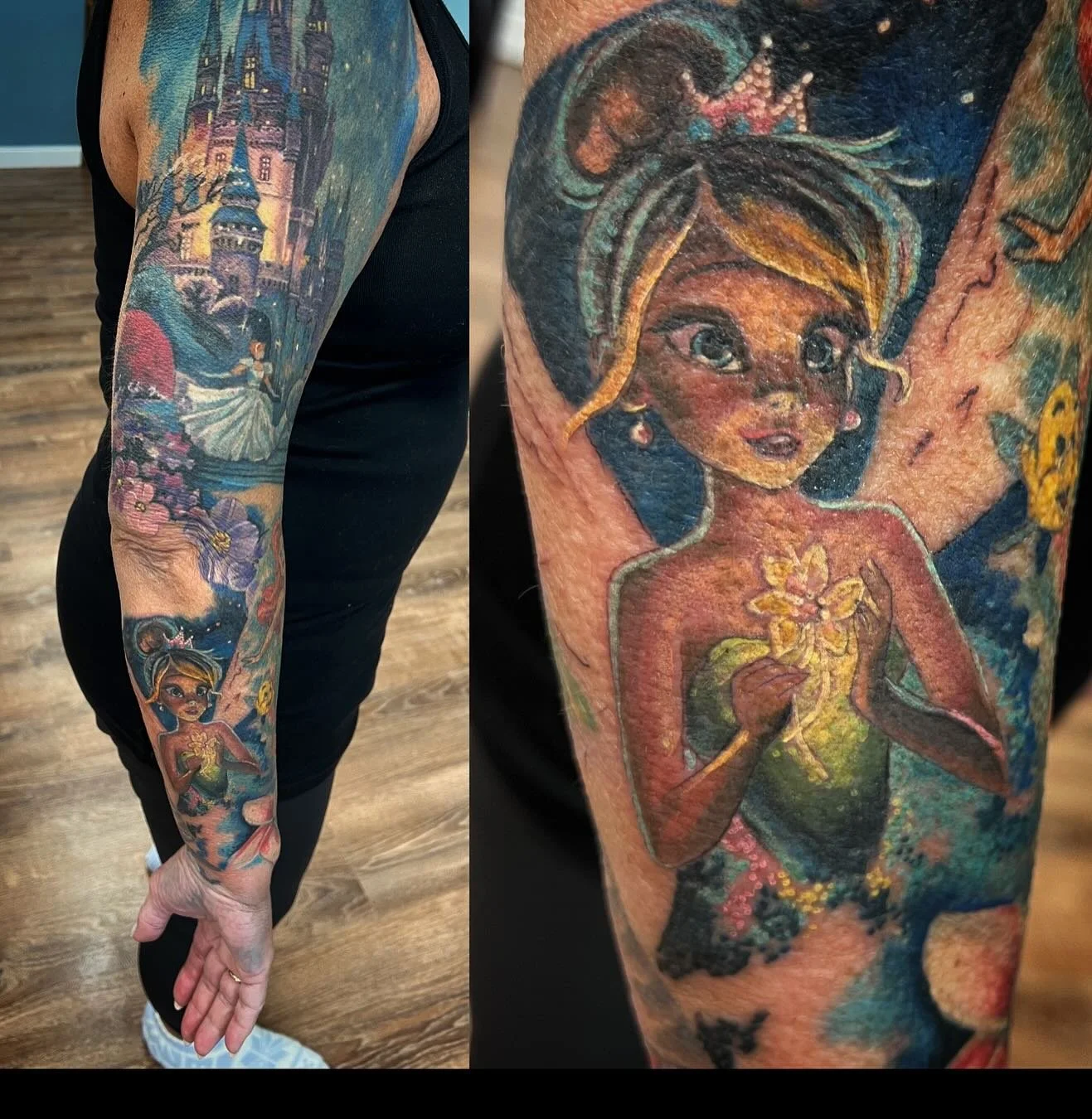 Some progress on Judy’s Disney sleeve. #disneytattoo #graditudetattoosupplyllc #ttsbodybalm #fiveoneseventattoojeannette #tinkerbell #byjim