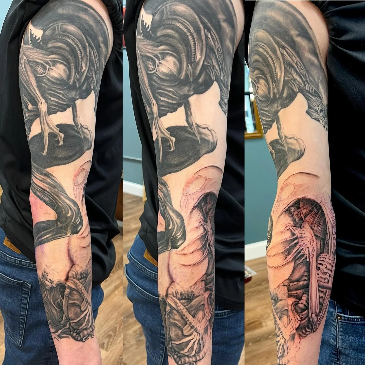 A little peek at a project in the works. Thanks Dustin for always picking cool stuff. #alientattoo #byjim #fiveoneseventattoojeannette #alienxenomorphfanspage #ttsbodybalm #graditudetattoosupplyllc